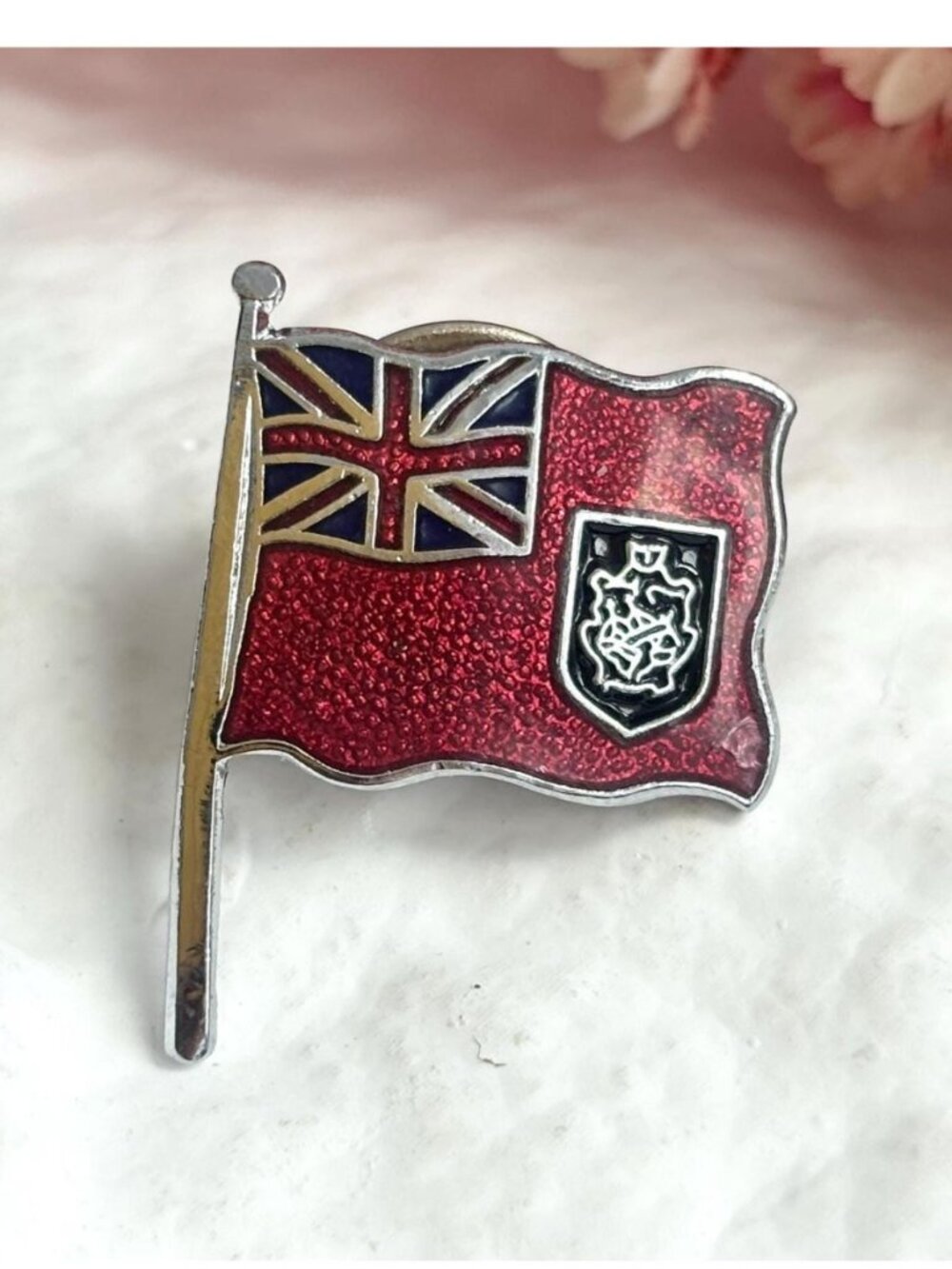 Bermuda Flag Union Jack Coat of Carms Black & Red Vintage Tiny Silver Toned Pin